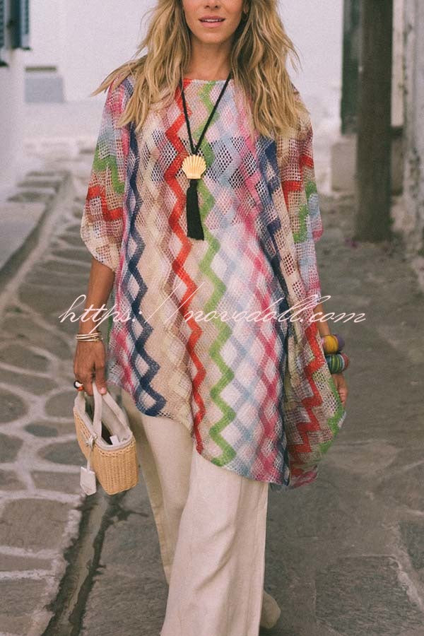 Sun Washed Knit Colorful Zigzag Pattern Asymmetric Hem Loose Cover-ups Kaftan