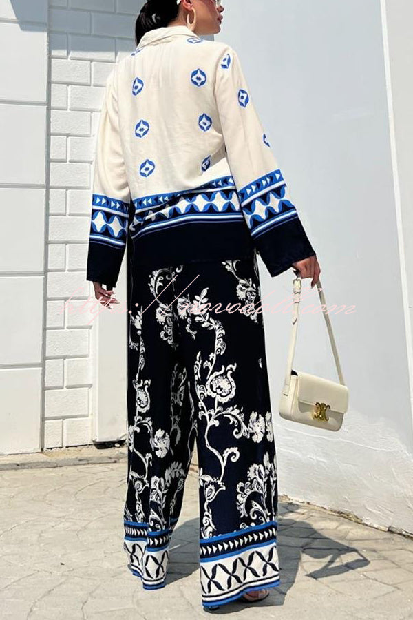 Unique Printed Lapel Long-sleeved Loose Top and Elastic Waist Casual Wide-leg Pants Set