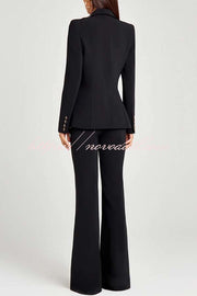 Women Power Metal Cross Snap Button Long Sleeve Lapel Blazer