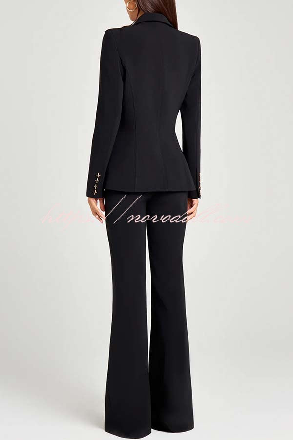 Women Power Metal Cross Snap Button Long Sleeve Lapel Blazer
