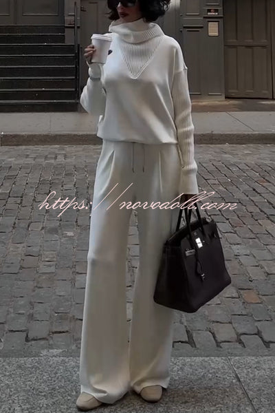 Morning Coffee Walks Ribbed Turtleneck Long Sleeve Sweatshirt and Elastic Waist Pocketed Loose Pants Set