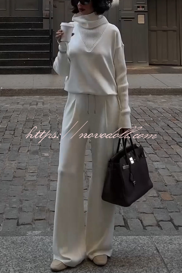 Morning Coffee Walks Ribbed Turtleneck Long Sleeve Sweatshirt and Elastic Waist Pocketed Loose Pants Set