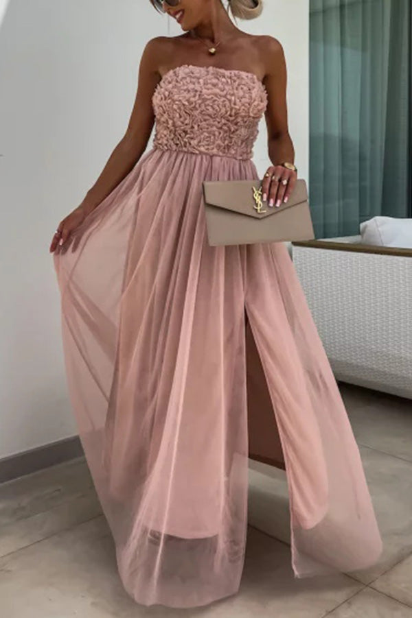 Romance and Lightness Tulle Floral Texture Pleated Patchwork Strapless Slit Maxi Dress