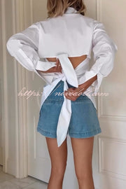 Fall for That Button Long Sleeve Open Back Tie Detail Blouse