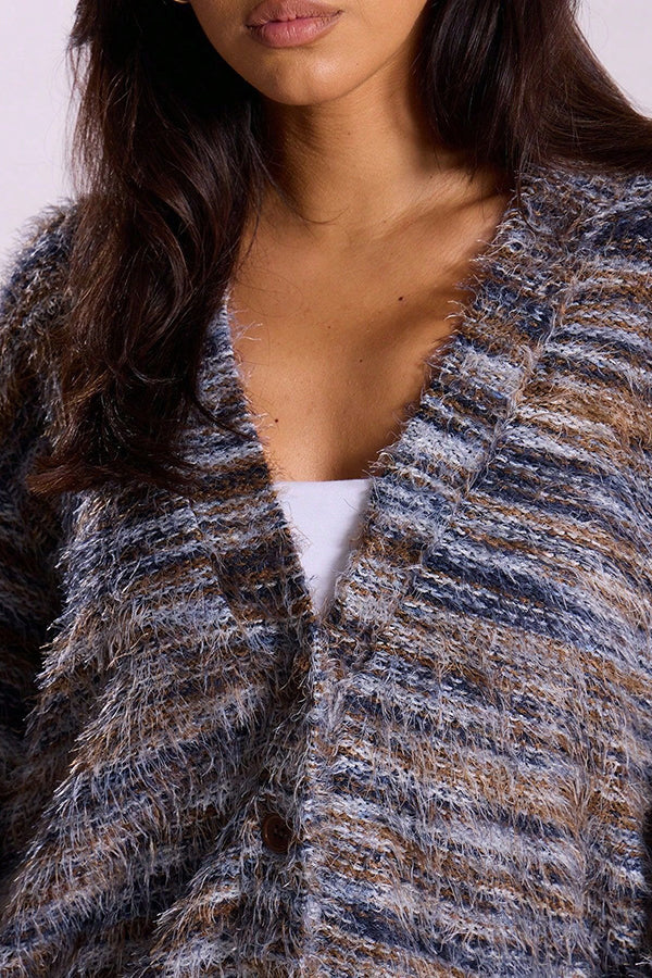 Fashionable Mixed Color Loose V-neck Casual Knit Cardigan