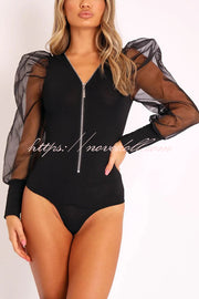 Solid Color Zip Front Sheer Puff Sleeves Bodysuit