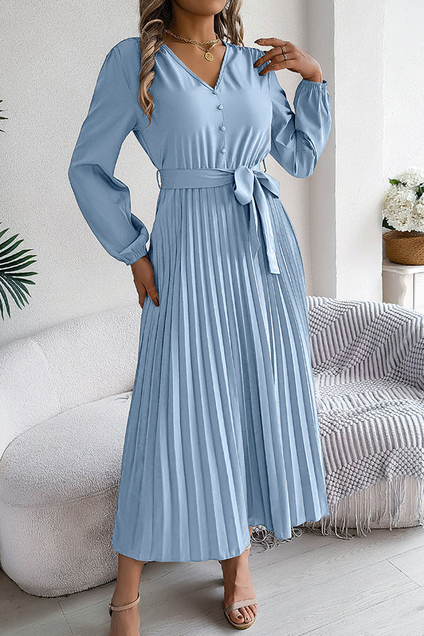 Solid Color Elegant V-neck Buttoned Lace-up Pleated Maxi Dress