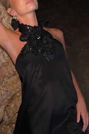 Floral Embellished Satin Halterneck Backless Resort Maxi Dress