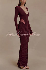 Sexy See-through Long-sleeved V-neck Pleated Slim-fit Maxi Dress