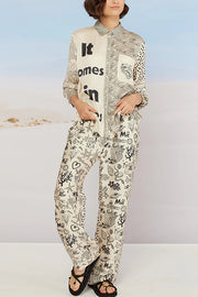 Take Me To The Ocean Satin Unique Print Long Sleeve Shirt and Elastic Waist Pocketed Pants Set