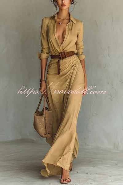 City Sleek Single Breasted Long Sleeve Warp Slit Shirt Maxi Dress