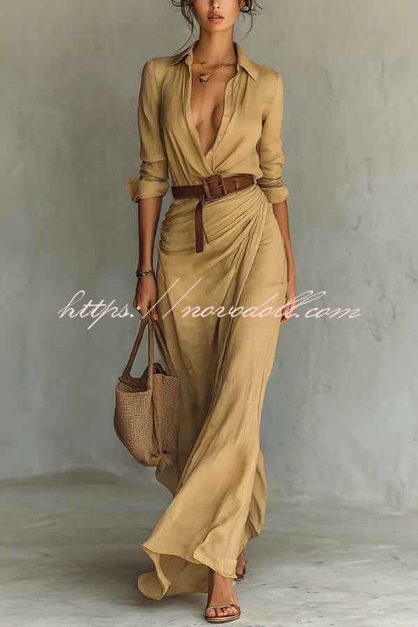 City Sleek Single Breasted Long Sleeve Warp Slit Shirt Maxi Dress