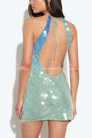 Fashion Sexy Sequined Backless Halter Neck Slim Fit Mini Dress