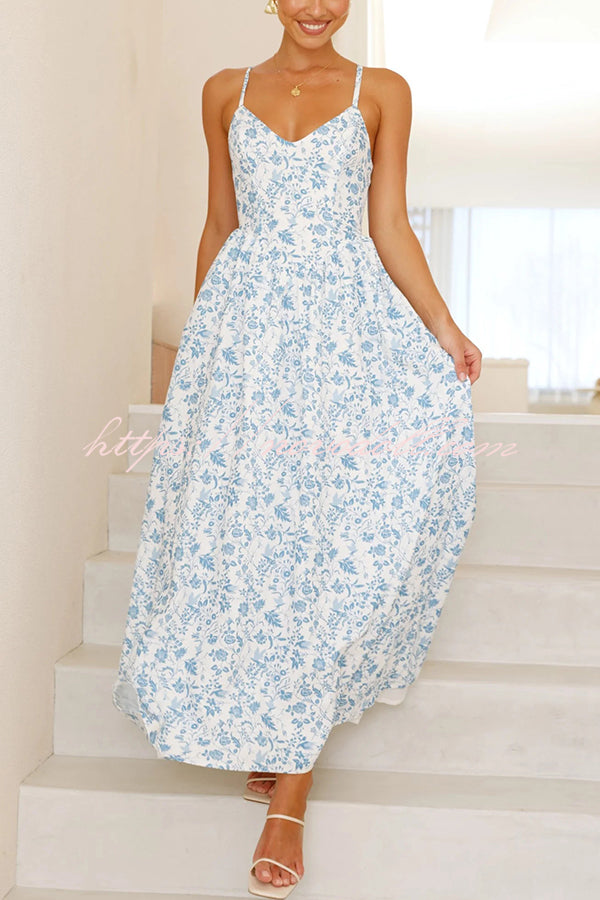 Floral Print V-Neck Sleeveless Back Tie Pocket Maxi Dress