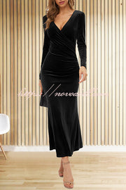 Solid Color Velvet Long Sleeve V-neck Slim Fit Fishtail Maxi Dress