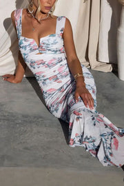 Styled To Perfection Floral Ruched Mesh Overlay Ruffle Hem Maxi Dress