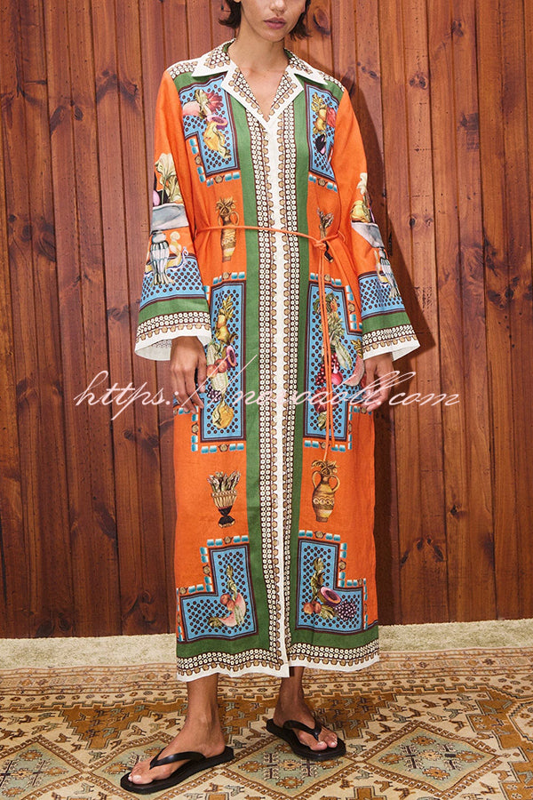 Linen Blend Unique Print Tie-waist Casual Maxi Dress
