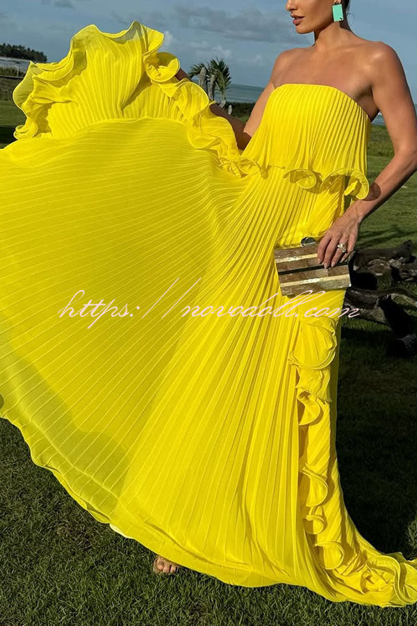 Reina Chiffon Pleated Wavy Ruffles Trim Strapless Loose Maxi Dress