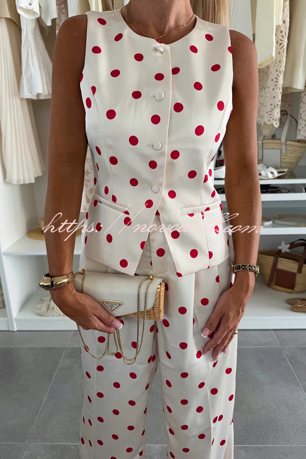 Koreen Polka Dot Round Neck Button Vest and High Rise Pocket Straight Pants Set