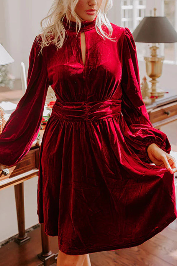 Solid Color Velvet Sexy Hollow Waist Long Sleeve Mini Dress
