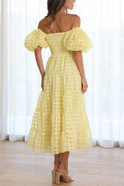 Dare To Dance Square Pattern Fabric Smocked Puff Sleeve Midi Dress