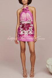 Artistic Flavor Linen Blend Printed Orchid Shape Halter Mini Dress