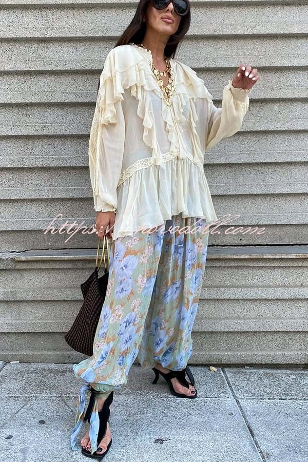 Autumn Boho Chiffon Floral Print Elastic Waist Tie-up Hem Balloon Pants