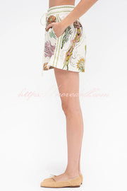 Beach Shell Print Short Sleeve Loose Shirt and Elastic Waist Tie Casual Pocket Shorts Set