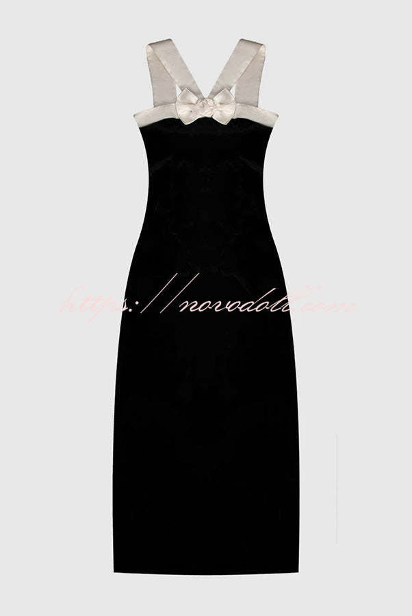 Sociable Elegance Velvet Contrast Bow Shoulder Strap Slit Stretch Midi Dress