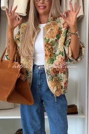 Floral Print Loose Long-sleeved Zip-up Jacket
