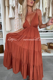 Bohemian Style V-neck Backless Slip Layered Vacation Maxi Dress