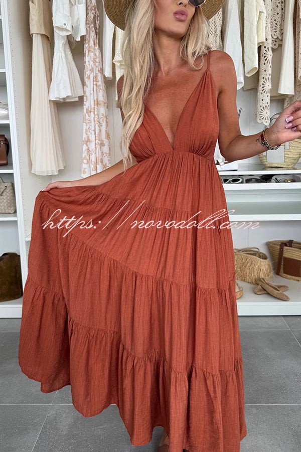 Bohemian Style V-neck Backless Slip Layered Vacation Maxi Dress