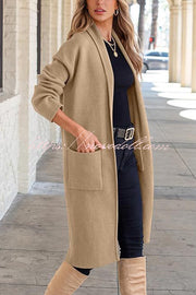 Solid Color Long-sleeved Casual Loose Pocket Mid-length Cardigan