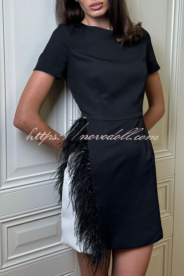 Marcelle Feather Trim Short Sleeve Color-block Him Mini Dress