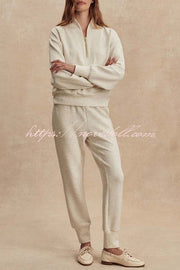 Ivory Marl Fleck Half-Zip Neck Long Sleeve Sweatshirt and Elastic Waist Pocket Jogger Set
