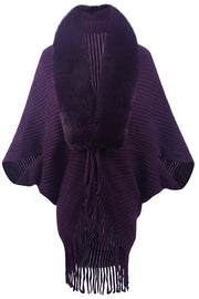 Fashionable Fur Collar Tassel Hem Knitted Shawl Cape