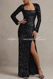 My Dream Sequin Square Neck Long Sleeves Slit Maxi Dress