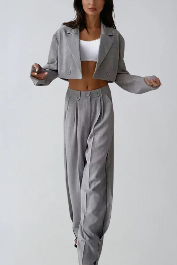 Solid Color Lapel Cropped Blazer and Pocket Straight-leg Pants Set