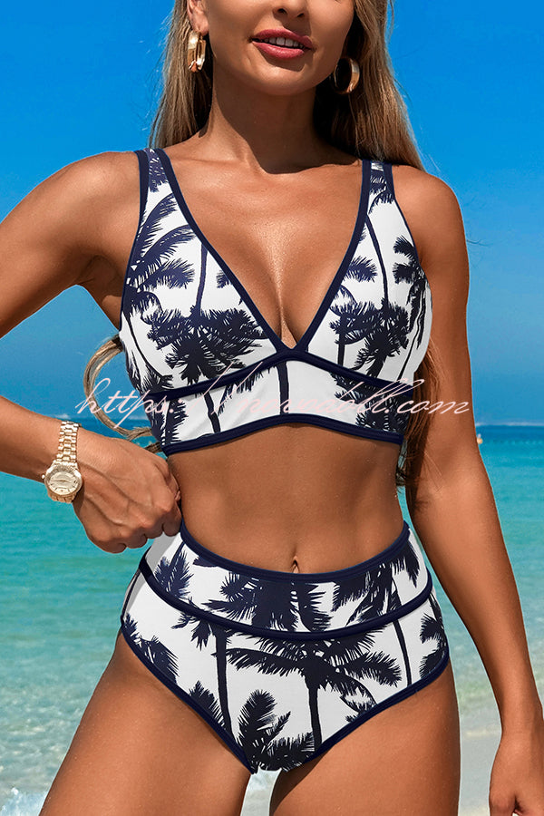 Solid Color Contrast High Waist Stretch Bikini Swimsuit