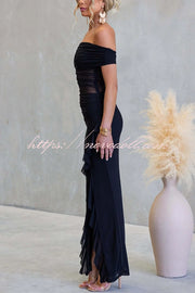 Sexy Mesh Off-shoulder Slim Fit Ruffled Slit Maxi Dress