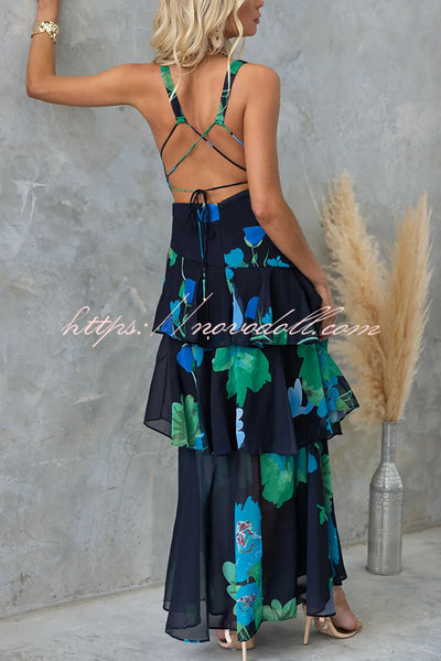 Refreshing Floral Print Back Lace-up Multi-teir Ruffle Hem Maxi Dress