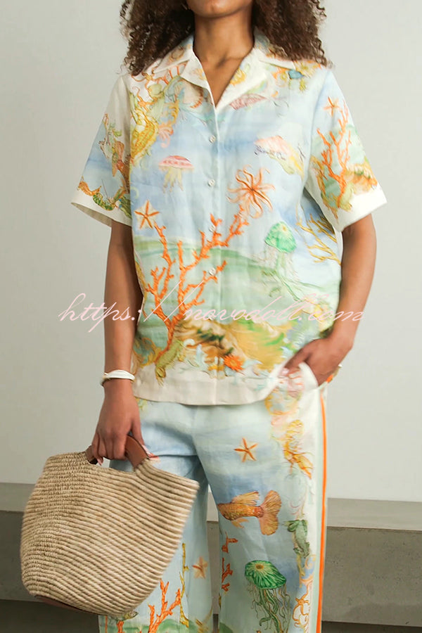 Unique Printed Lapel Short Sleeve Loose Shirt and Elastic Waist Casual Pocket Vacation Pants Set