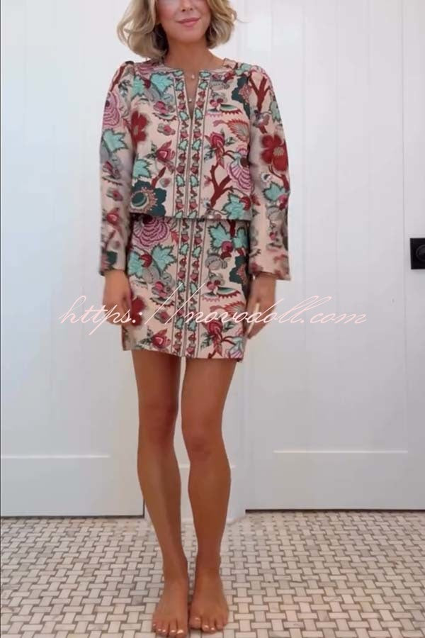 Autumn Garden Printed V-neck Long Bell Sleeve Top and Mid Rise Skirt Set