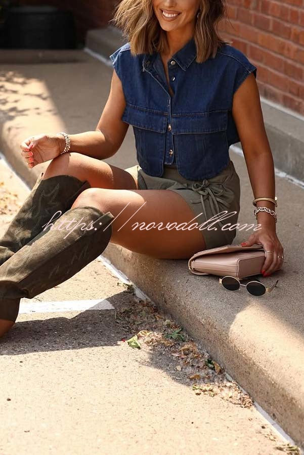 Stylish Weekend Denim Button Up Cape Sleeve Pocket Crop Top