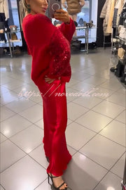 Celebration Day Sequin Patchwork Loose Sweatshirt and Satin Elastic Waist Maxi Skirt Set