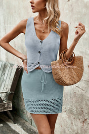 Knitted Vest V-neck Top and Lace-up Hollow Skirt Set