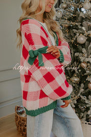 Holiday Cozy Checkered Knit Color-blocked Plaid Bow Long-sleeved Cardigan