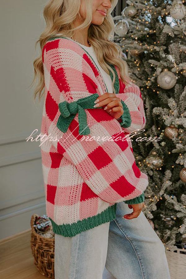 Holiday Cozy Checkered Knit Color-blocked Plaid Bow Long-sleeved Cardigan