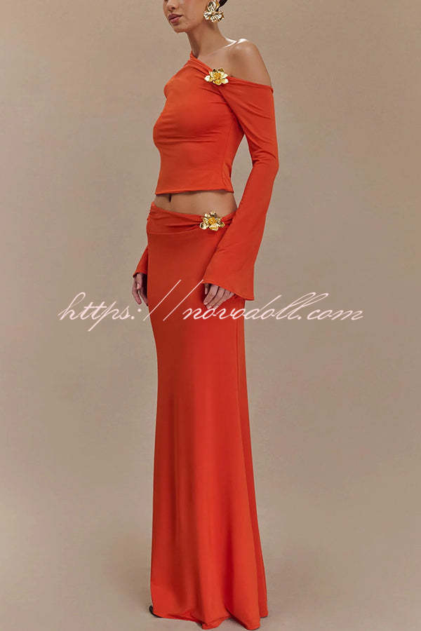 Ainsley Floral Hardware Asymmetrical Long Sleeve Stretch Top and Mid Rise Maxi Skirt Set