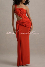 Sexy One-shoulder Backless Ribbon Pleated Slim Maxi Dress